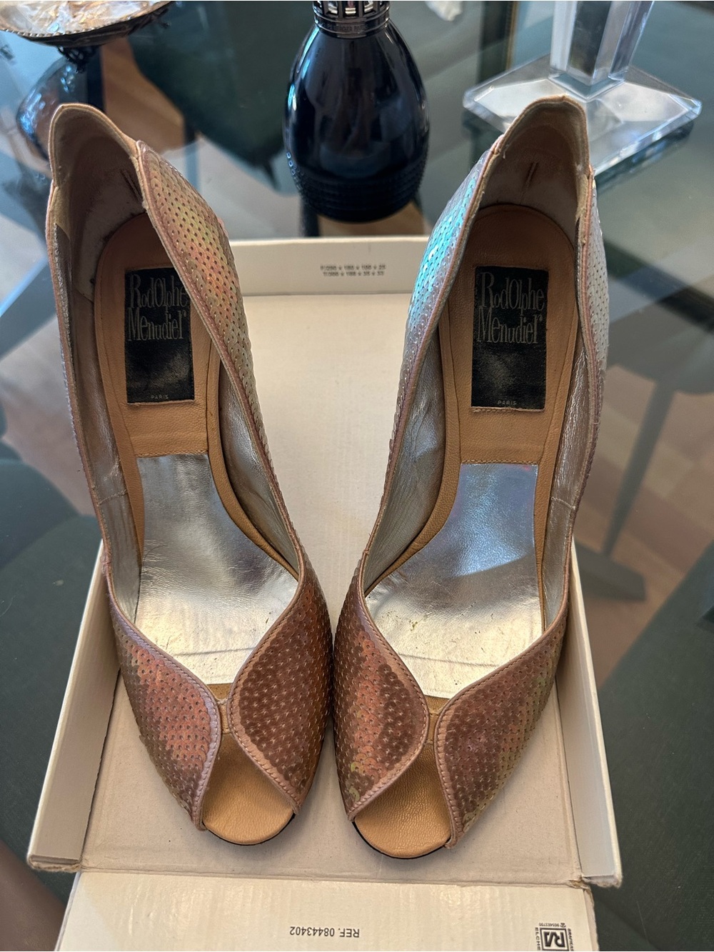 Rodolphe Menudier Iridescent Rose Gold Sequin Peep-Toe Heels